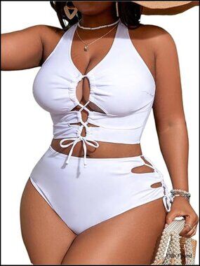 Plus Size Lace Up Tummy Control Bikini Set 2 Piece Bathing Suit High Waist
